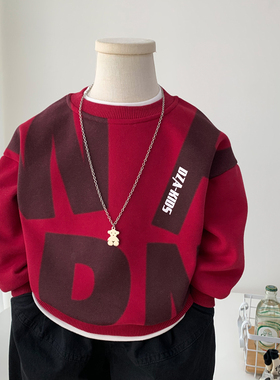 男童红色卫衣秋冬装儿童韩版字母加绒上衣酷帅中小童假两件套头衫