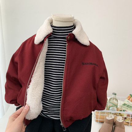 男童羊羔毛翻领外套2026秋冬儿童红色喜庆拜年服男孩休闲加绒夹克