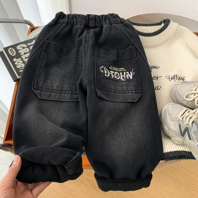 男孩加绒牛仔裤冬季时尚刺绣长裤