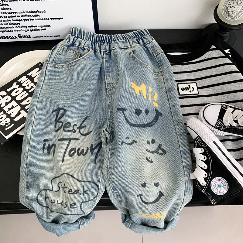 男童牛仔裤春秋装洋气中小男孩柔软弹力裤子百搭儿童时尚涂鸦长裤