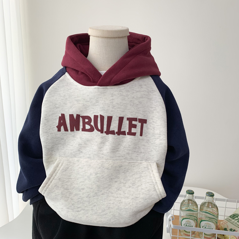 中小童时尚撞色加绒连帽卫衣帅气