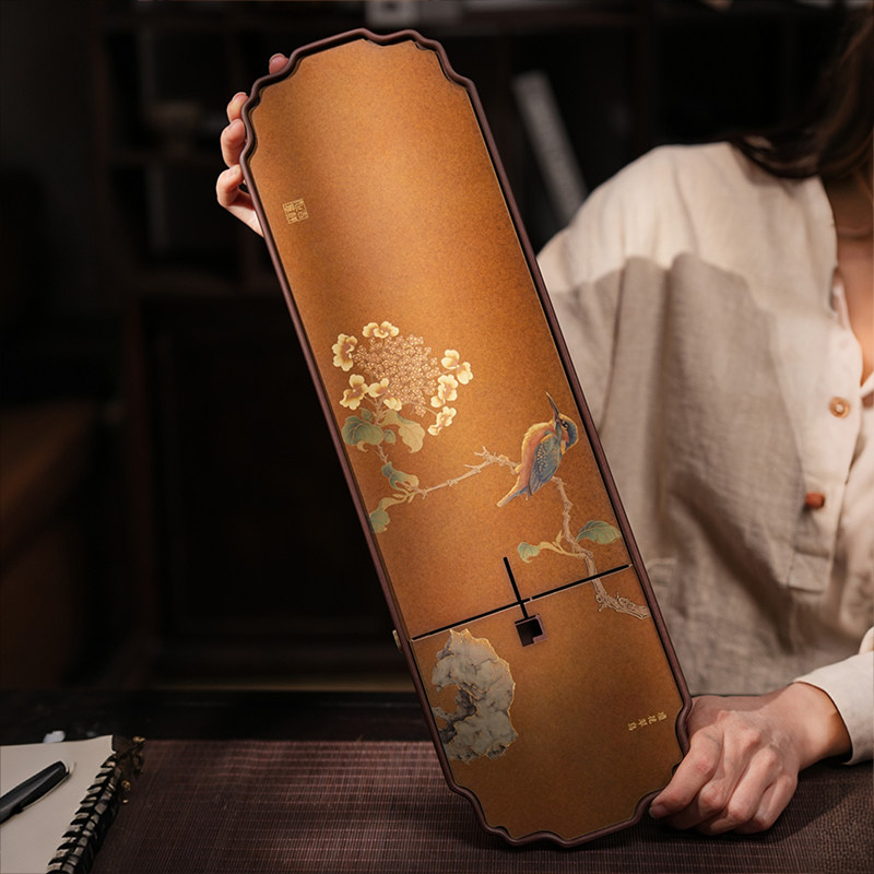 琼花翠鸟黄铜茶盘中式复古花窗型茶器双面茶道盘可排水家用功夫茶