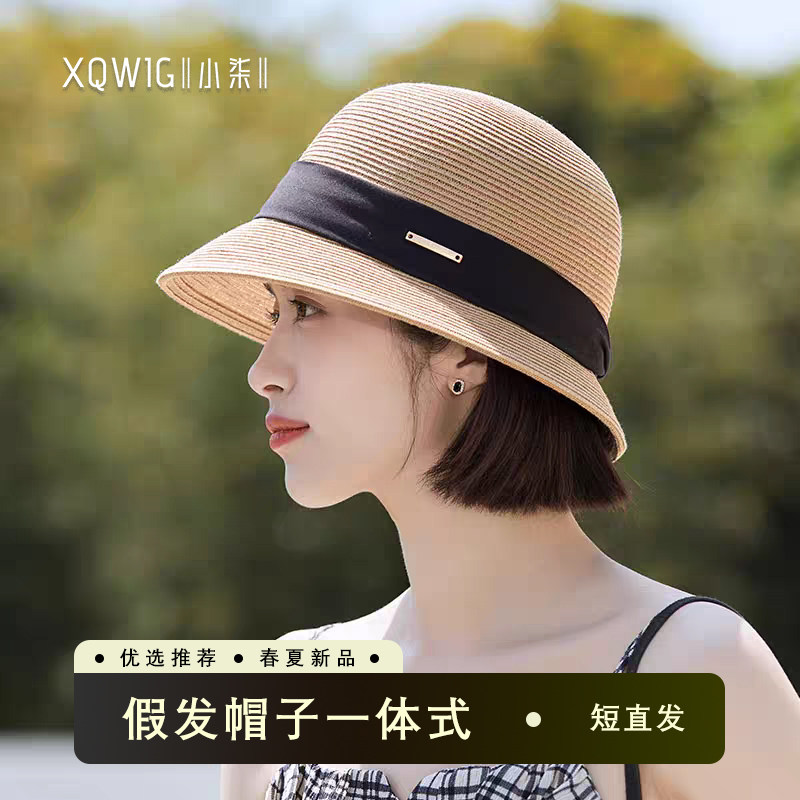 轻奢帽子假发一体女夏天短发防晒帽礼帽时尚赫本风小头围沙滩帽