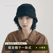 百搭日系渔夫帽带假发帽子全头套式 四季 帽子假发一体短卷发时尚