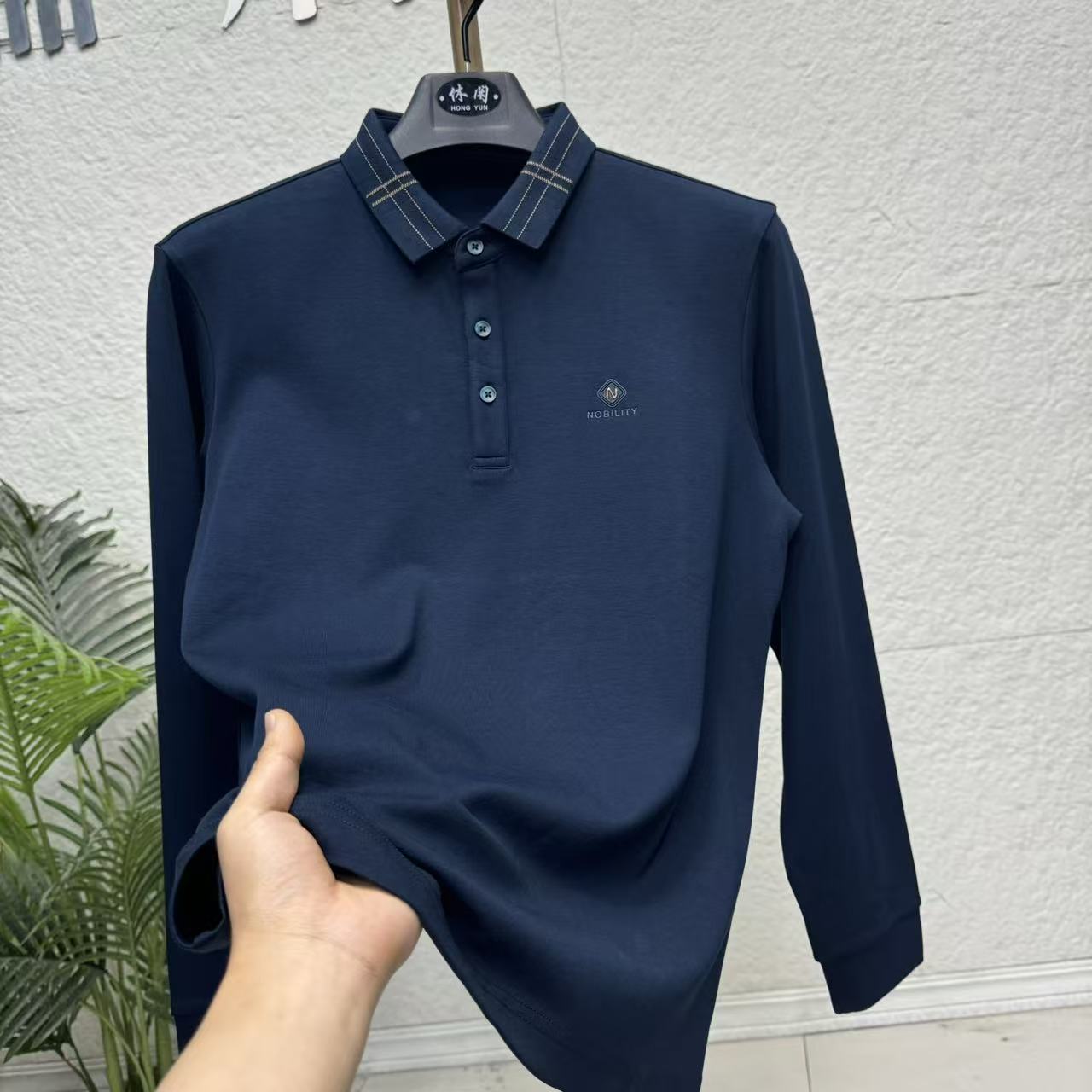 秋季男士长袖翻领Polo衫深蓝