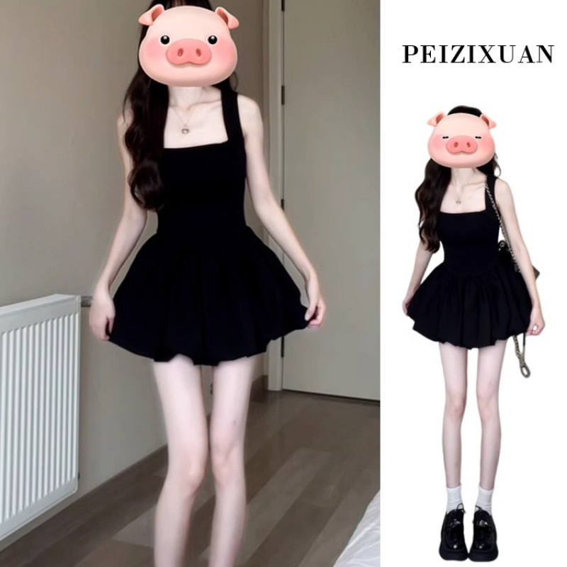 黑色无袖吊带连衣裙子女夏季法式绝美甜辣妹气质收腰显瘦蓬蓬