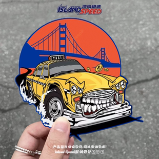 卡通拟人出租车汽车贴纸金门大桥动漫设计后备箱车身侧面贴画