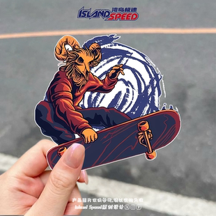 山羊头骨面具滑板手汽车贴纸街头动感卡通风格 冲浪板防水贴花