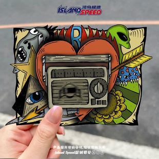 复古磁带播放器贴花红色心形艺术创意设计后尾门车身划痕遮盖贴