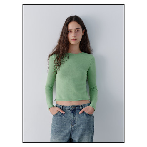 shyshy“卷边针织”纯净三色修身一字领气质卷边短巧针织长袖