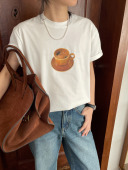 印花白复古基础款 shyshy 喝咖啡 T恤质感重磅面料