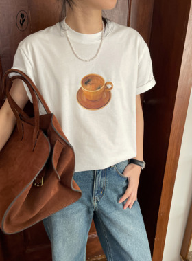 shyshy “喝咖啡”印花白复古基础款T恤质感重磅面料