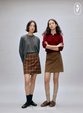 shyshy“秋日暖橘”复古A字仿麂皮格纹防走光内衬短裙半身裙