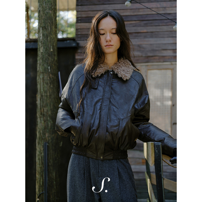 shyshy皮革羽绒服可拆卸毛领90白鸭绒咖色短款外套