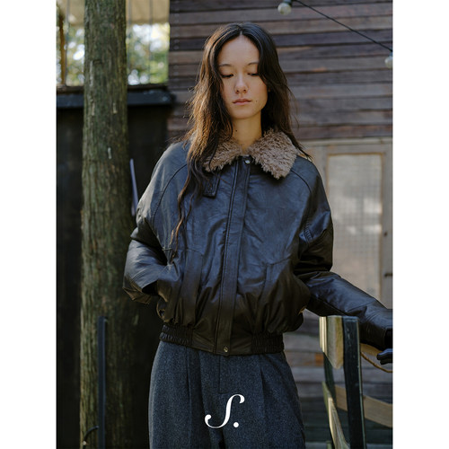 shyshy皮革羽绒服可拆卸毛领90白鸭绒咖色短款外套