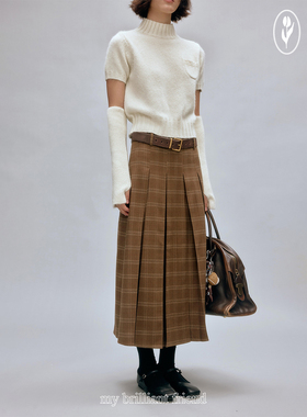 shyshy“落叶大道”两色A字羊毛重工压线百褶裙中长款格纹半裙