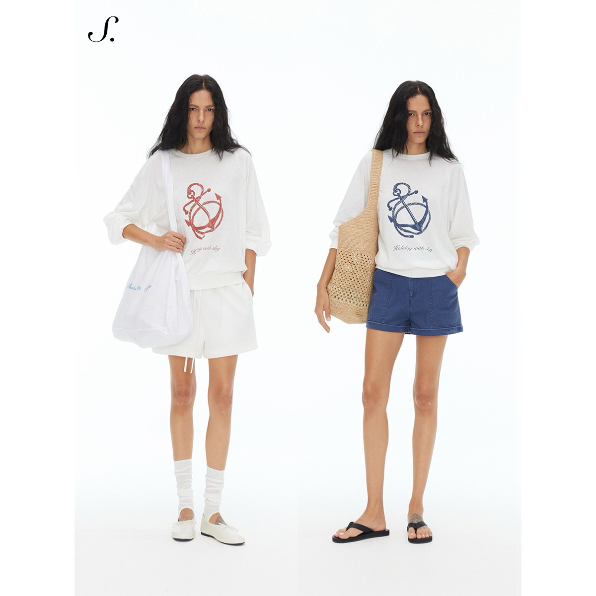 shyshy&ldquo;海上航行&rdquo;夏季衣橱bi备独家印花挖肩袖设计轻薄套头衫