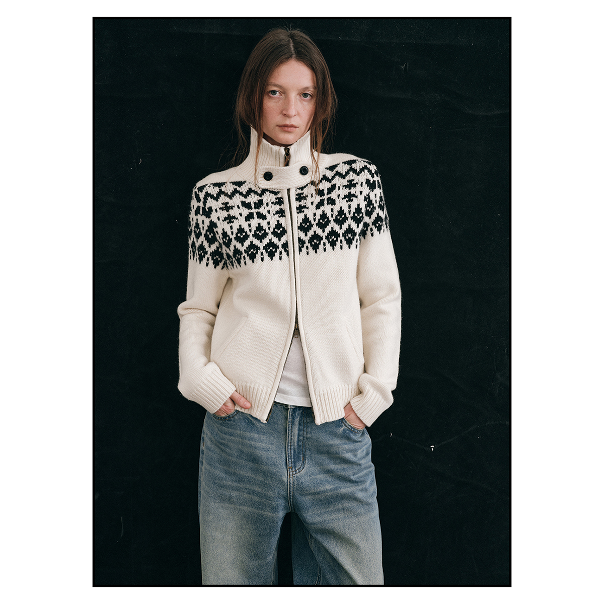 shyshy“冰岛旅行”立领斜插袋100%全羊毛双色费尔岛图案拉链开衫