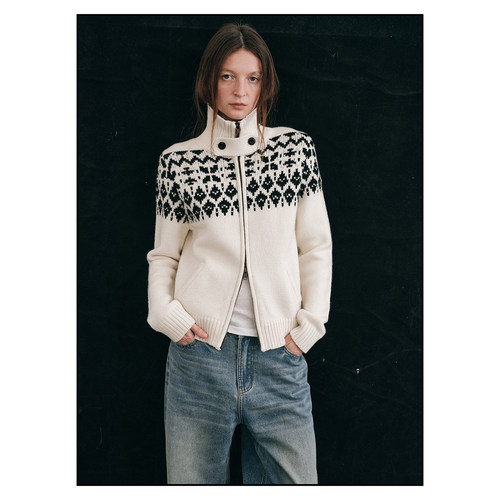 shyshy“冰岛旅行”立领斜插袋100%全羊毛双色费尔岛图案拉链开衫