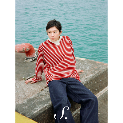 shyshy“南边的海”圆领撞色复古慵懒感宽松条纹长袖