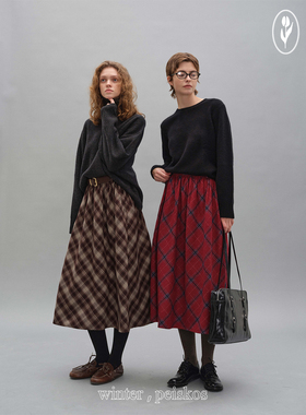 shyshy“秋日来信”细腻格纹毛呢亲肤舒适褶皱蓬蓬款中长半裙