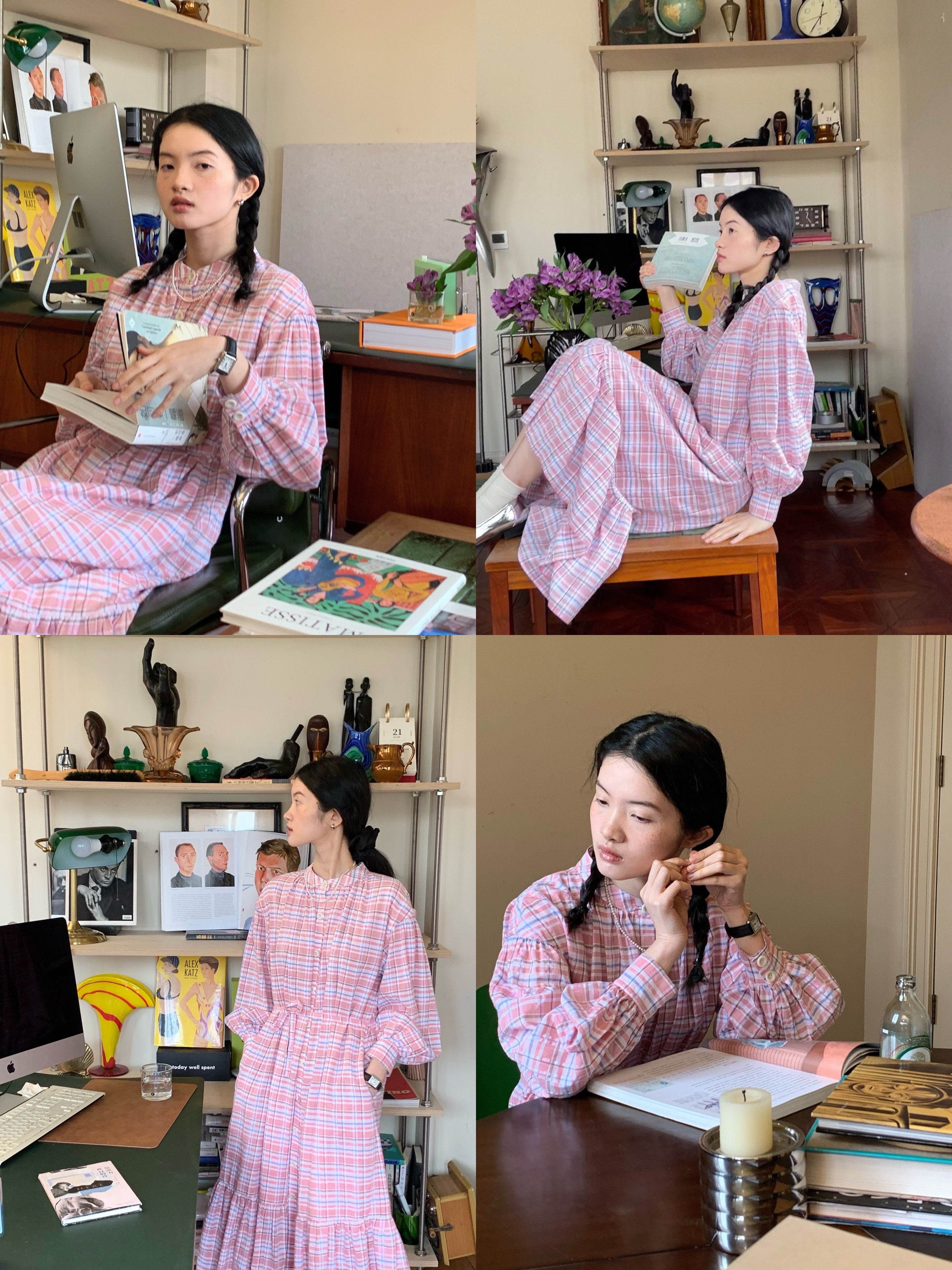 shyshy中长款连衣裙粉色格子