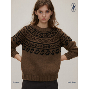 shyshy“深秋费尔岛”宽松复古马海毛温暖设计圆领套头毛衣针织衫