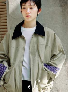 shyshy“石磨洗夹克”石磨水洗格纹袖口复古宽松落肩袖夹克