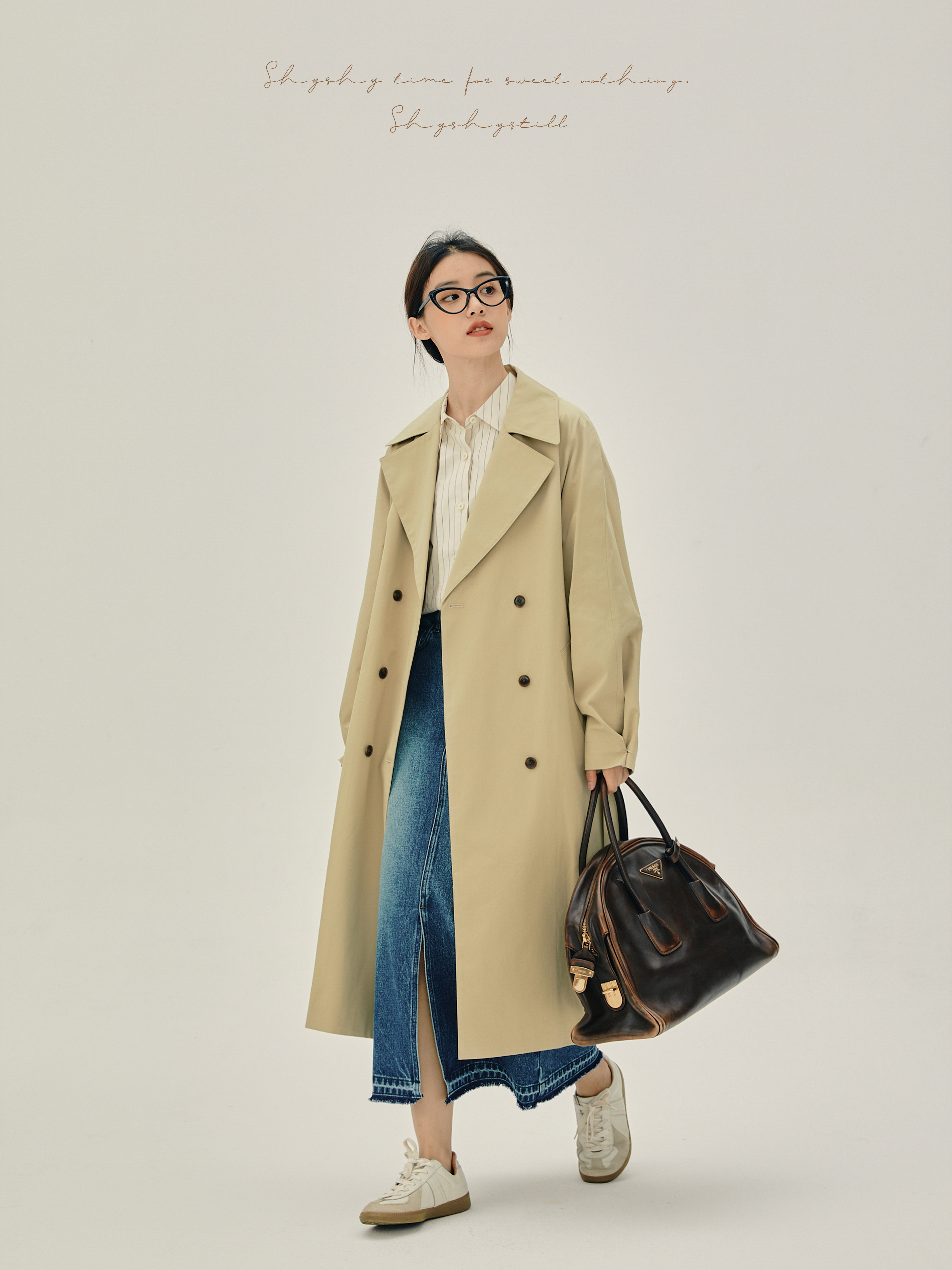 shyshy双排扣廓形复古腰带长风衣