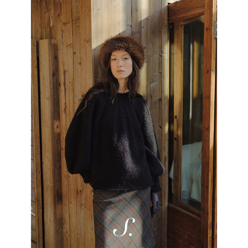 shyshy“花苞毛衣”羊毛马海毛绞花垂感蓬蓬袖双色毛衣