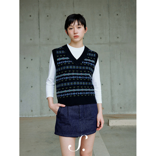 shyshy“蓝耳丽椋鸟”蓝绿色复古费尔岛花色圆领精巧版型毛衣马甲