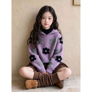 子瑞巴巴儿童毛衣女款秋青少年女童连帽卫衣中学生秋冬款加厚上衣