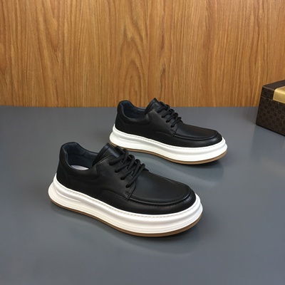 头层牛皮厚底休闲板鞋男黑色系带