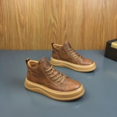 新款 真皮厚底高帮鞋 2025秋季 棕色系带厚底鞋 男轻便休闲潮流板鞋