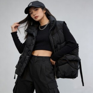 秋冬季 马甲短款 新款 休闲宽松坎袖 羽绒服 女士厚款 工厂冲量飘带款