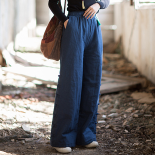 宽松直筒加厚保暖棉裤 女25年冬季 外穿 棉麻复古夹棉阔腿裤 新中式