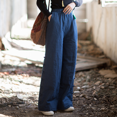 新中式棉麻复古夹棉阔腿裤