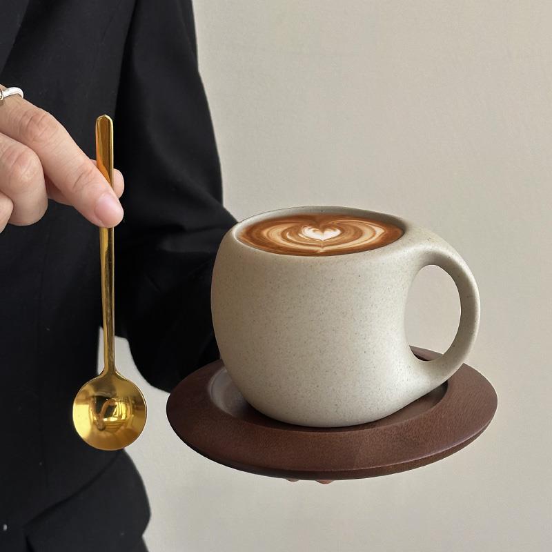 咖啡杯套装高档精致拿铁杯复古粗陶小众陶瓷马克杯带勺下午茶杯子