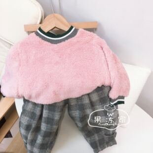 品牌童装女童小童卫衣冬款纯色拼接毛绒绒上衣绒衫卫衣