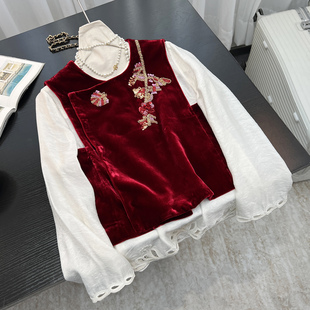 新中式重工钉珠刺绣丝绒马甲女2026春季圆领高端气质新年穿搭上衣