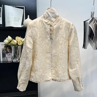 国风白色真丝亚麻提花外套女2024秋冬季新款新中式洋气质百搭上衣