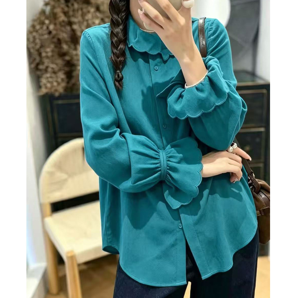 高级简约长袖软糯羊毛衬衫女百搭荷叶领刺绣通勤上衣气质叠穿秋冬