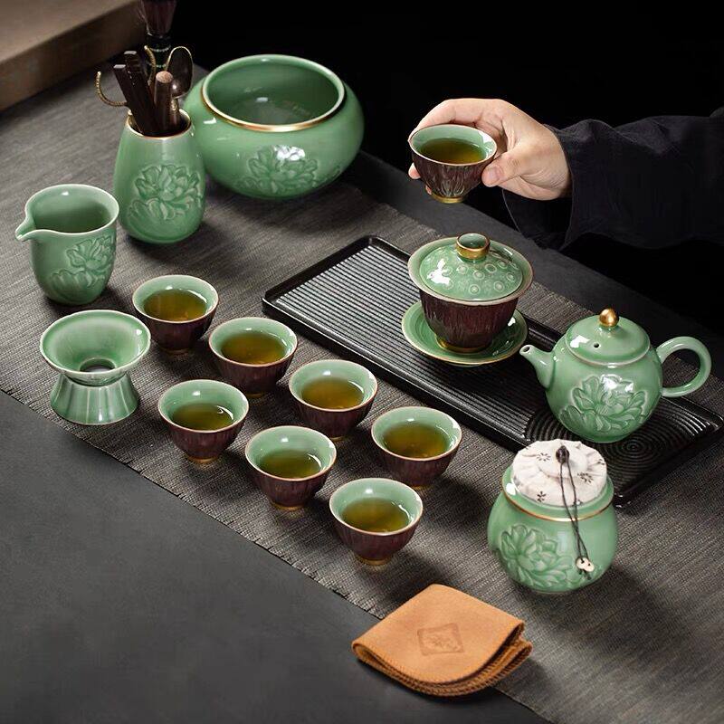 景德镇手工茶具套装办公室会客高档轻奢梅子青茶杯中式整套礼盒装