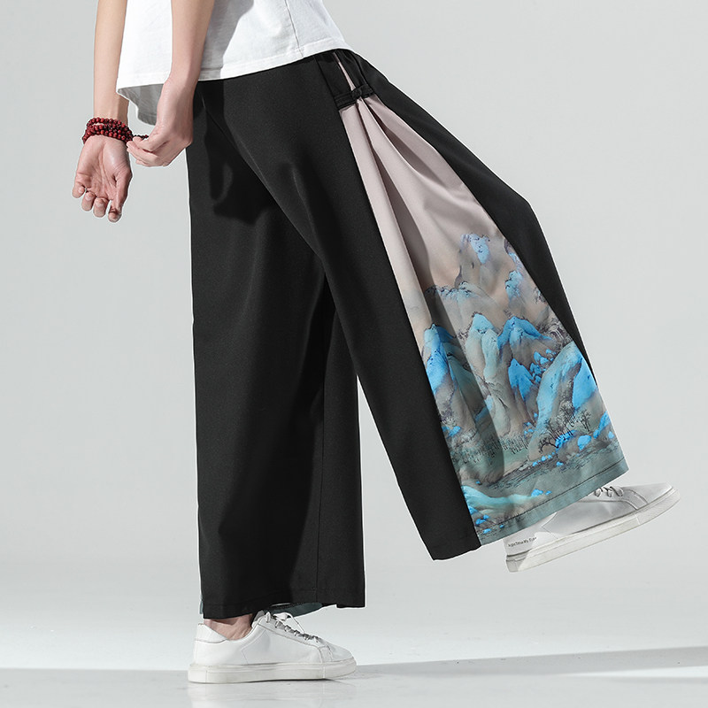 SUMMER GUOCHAO PANTS MENS LOOSE PLUS SIZE GUOCHAO CASUAL PANTS PENDANT SENSE FAIRY CHINESE STYLE TANG DRESS WIDE-LEG PANTS