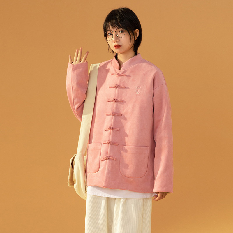 中国风麂皮绒唐装男女盘扣国潮情侣外套潮流夹克大码中式上衣潮牌