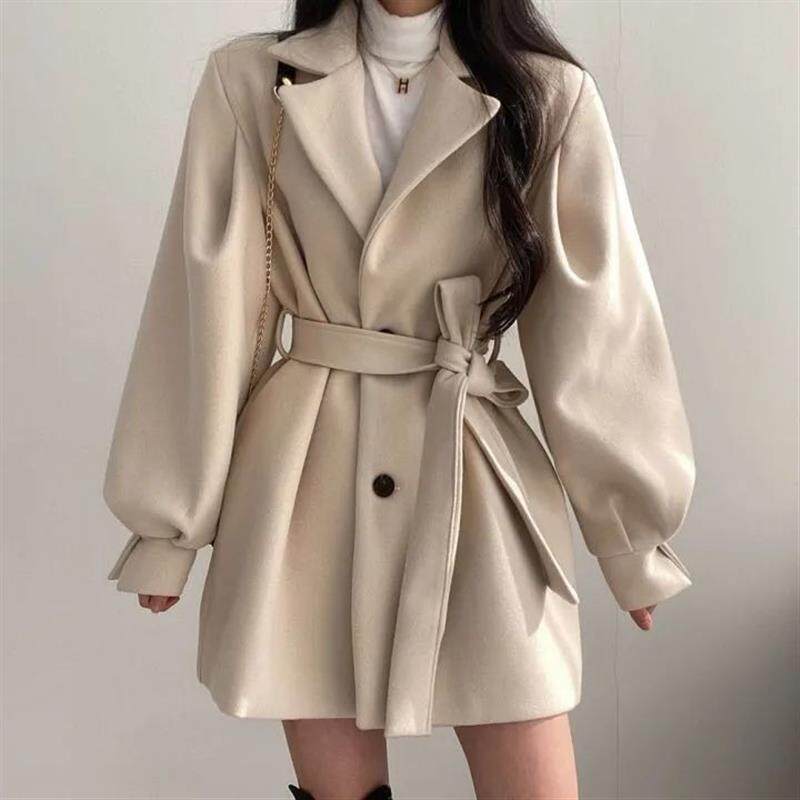 韩版宽松秋冬新款复古妮子大风衣收腰毛呢小个子Chic2025外套女装