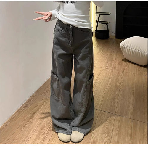 大码美式牛仔裤阔腿工装裤女春秋新款胖mm梨形身材宽松显瘦休闲裤