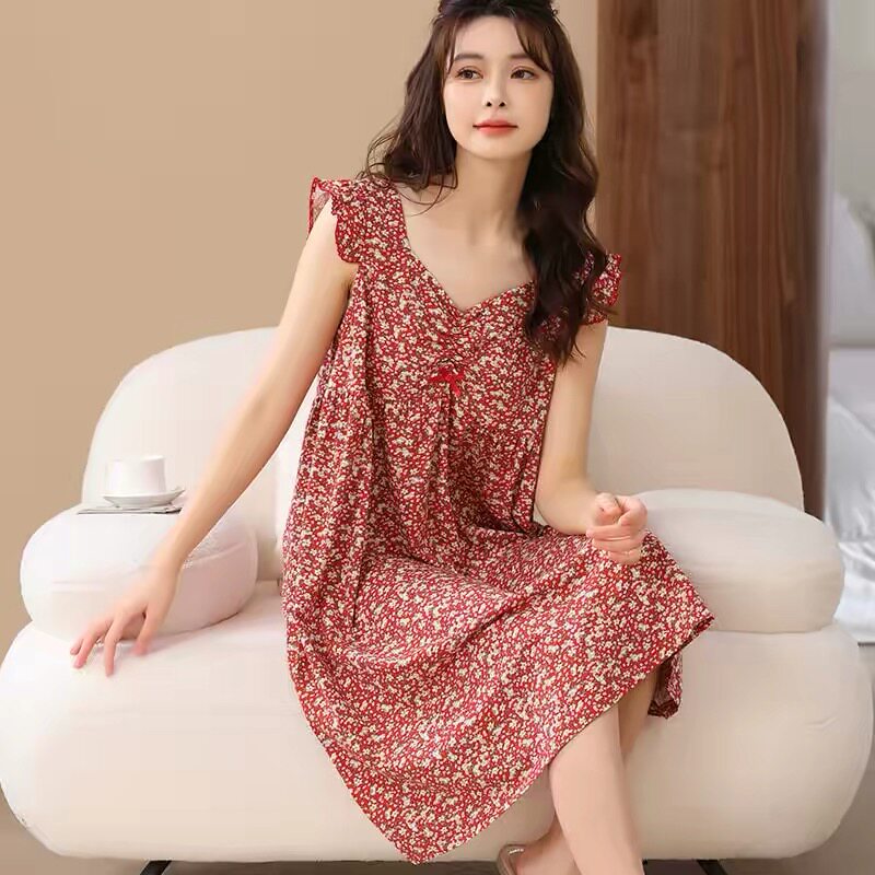 26年款女夏睡裙无袖中长款宽松薄款家居服薄款大码200斤碎花玫红