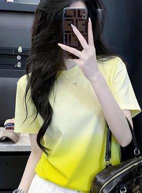 黄色渐变短袖女t恤夏季2026年新款高级小众减龄设计漂亮上衣200斤