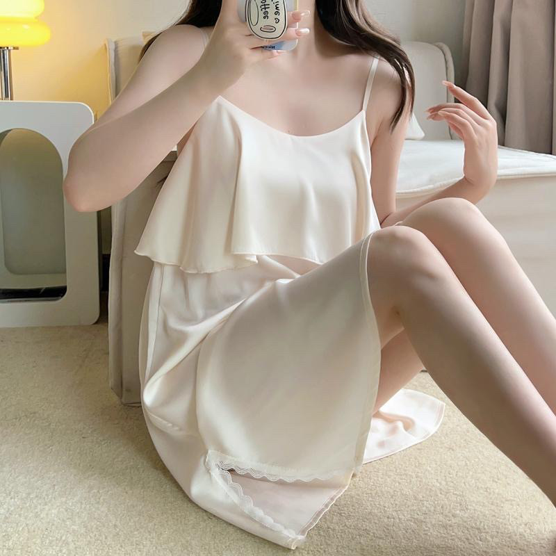 夏季纯欲风冰丝睡裙薄款吊带睡衣蕾丝中长款无袖家居服200斤大码